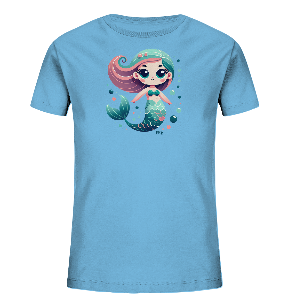 Onlineshop Shirts fuer Kinder - Das Bild zeigt ein hellblaues T-Shirt fuer Kinder. Darauf ist eine niedliche Zeichentrick-Meerjungfrau abgebildet mit bunten Haaren und einem schillernden Schwanz. Sie wird von verschiedenen Blasen umgeben, die das Unterwasser-Thema betonen. Das Design wirkt verspielt und farbenfroh, passend fuer Kinderkleidung.