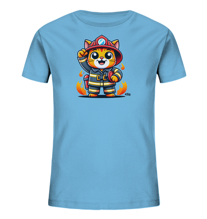 Kinder T-Shirt mit eine winkende Cartoon-Katze als Feuerwehrfigur mit Helm und Uniform