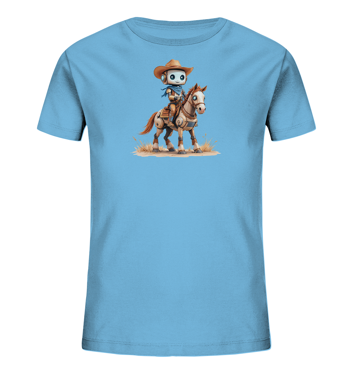 Onlineshop Shirts für Kinder - Das Bild zeigt ein hellblaues Kinder-T-Shirt mit einem auffälligen Druck auf der Vorderseite. Das Motiv stellt einen charmanten, cartoonartigen Roboter dar, der auf einem Pferd sitzt. Der Roboter ist als Cowboy gekleidet, komplett mit Hut und Halstuch. Das detailreich illustrierte Pferd steht auf trockenem Boden mit vereinzelten Grashalmen, was dem Design eine Western-Atmosphäre verleiht.
