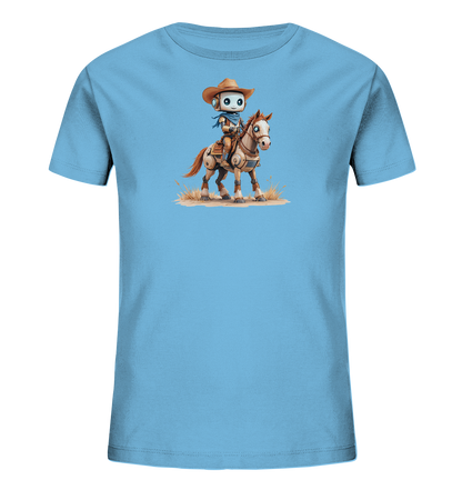 Onlineshop Shirts für Kinder - Das Bild zeigt ein hellblaues Kinder-T-Shirt mit einem auffälligen Druck auf der Vorderseite. Das Motiv stellt einen charmanten, cartoonartigen Roboter dar, der auf einem Pferd sitzt. Der Roboter ist als Cowboy gekleidet, komplett mit Hut und Halstuch. Das detailreich illustrierte Pferd steht auf trockenem Boden mit vereinzelten Grashalmen, was dem Design eine Western-Atmosphäre verleiht.