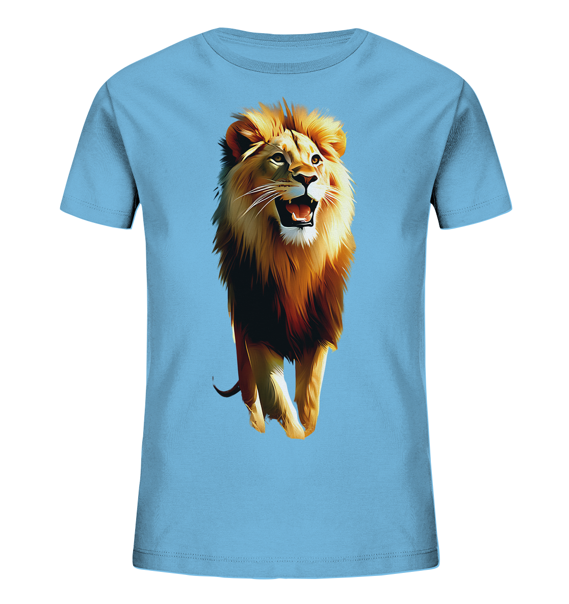 Onlineshop Shirts fuer Kinder - Das Bild zeigt ein hellblaues T-Shirt fuer Kinder. Auf der Vorderseite ist ein detailreicher Druck eines stehenden Loewen zu sehen. Der Loewe ist in realistischen Farben dargestellt und hat eine beeindruckende Maehne. Der Druck verleiht dem Shirt einen wilden und ausdrucksstarken Look.