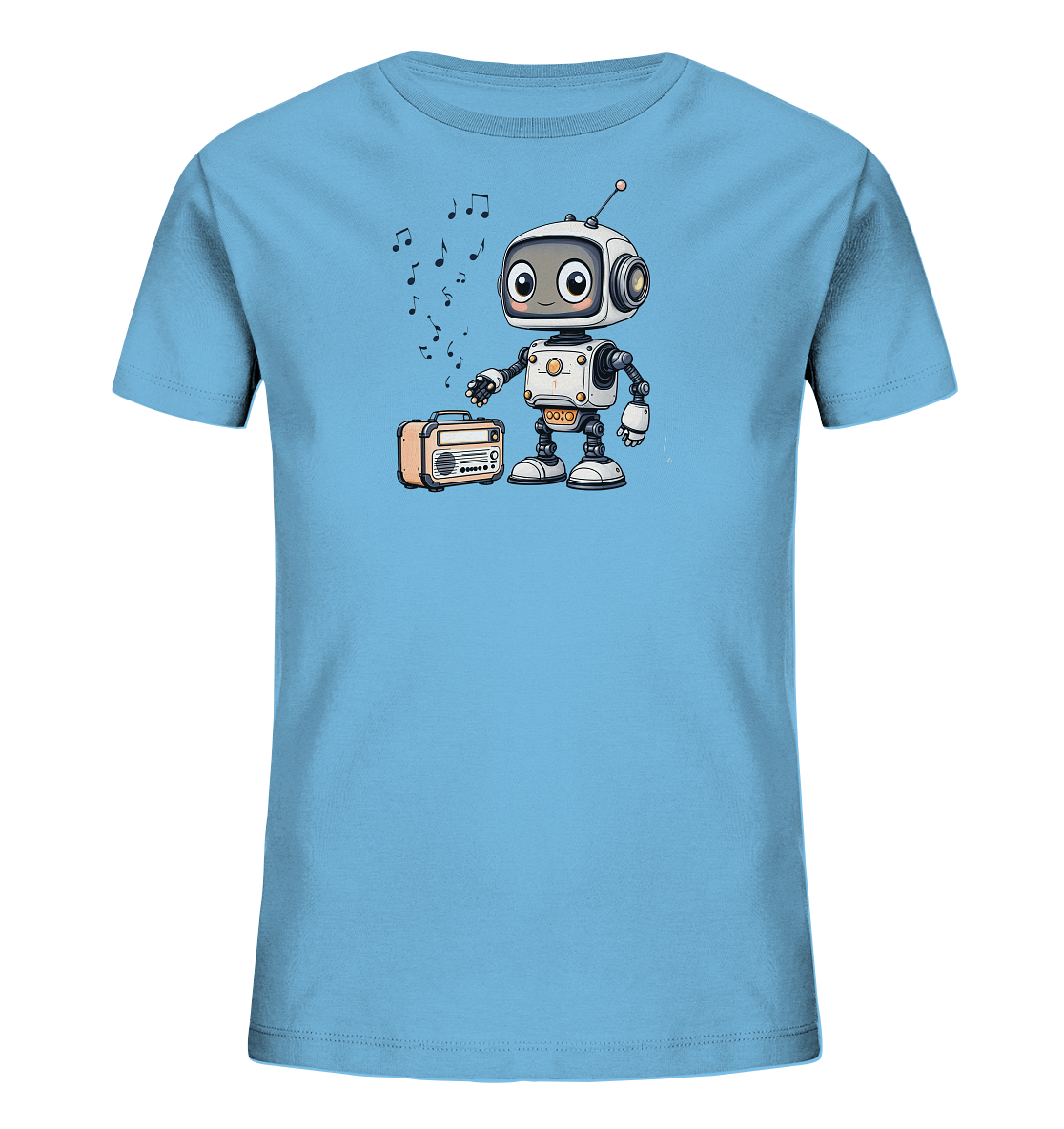 Onlineshop Shirts für Kinder - Das Bild präsentiert ein hellblaues Kinder-T-Shirt mit einem lustigen und detaillierten Aufdruck auf der Vorderseite. Der Aufdruck zeigt einen cartoonhaften Roboter, der neben einem Vintage-Radio steht. Über dem Radio und dem Roboter schweben mehrere schwarze Musiknoten, die andeuten, dass Musik gespielt wird. Der Roboter hat große Augen und eine Antenne und scheint die Musik zu genießen, was dem Design einen fröhlichen Charakter verleiht.