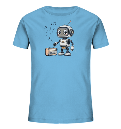 Onlineshop Shirts für Kinder - Das Bild präsentiert ein hellblaues Kinder-T-Shirt mit einem lustigen und detaillierten Aufdruck auf der Vorderseite. Der Aufdruck zeigt einen cartoonhaften Roboter, der neben einem Vintage-Radio steht. Über dem Radio und dem Roboter schweben mehrere schwarze Musiknoten, die andeuten, dass Musik gespielt wird. Der Roboter hat große Augen und eine Antenne und scheint die Musik zu genießen, was dem Design einen fröhlichen Charakter verleiht.