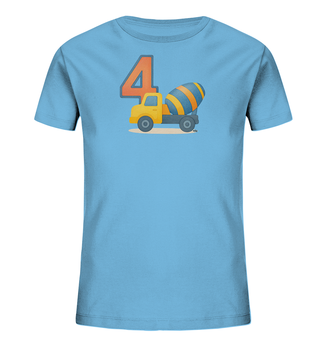 Onlineshop Shirts fuer Kinder - Das Bild zeigt ein hellblaues Kinder-T-Shirt mit einem auffaelligen Motiv auf der Vorderseite. Es ist die grosse, orange Zahl '4' zu sehen. Daneben befindet sich die Illustration eines gelben Zementmischers mit blau-orange gestreifter Trommel. Das Design ist verspielt und ideal fuer kleine Fahrzeugfans.