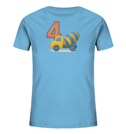 Onlineshop Shirts fuer Kinder - Das Bild zeigt ein hellblaues Kinder-T-Shirt mit einem auffaelligen Motiv auf der Vorderseite. Es ist die grosse, orange Zahl '4' zu sehen. Daneben befindet sich die Illustration eines gelben Zementmischers mit blau-orange gestreifter Trommel. Das Design ist verspielt und ideal fuer kleine Fahrzeugfans.
