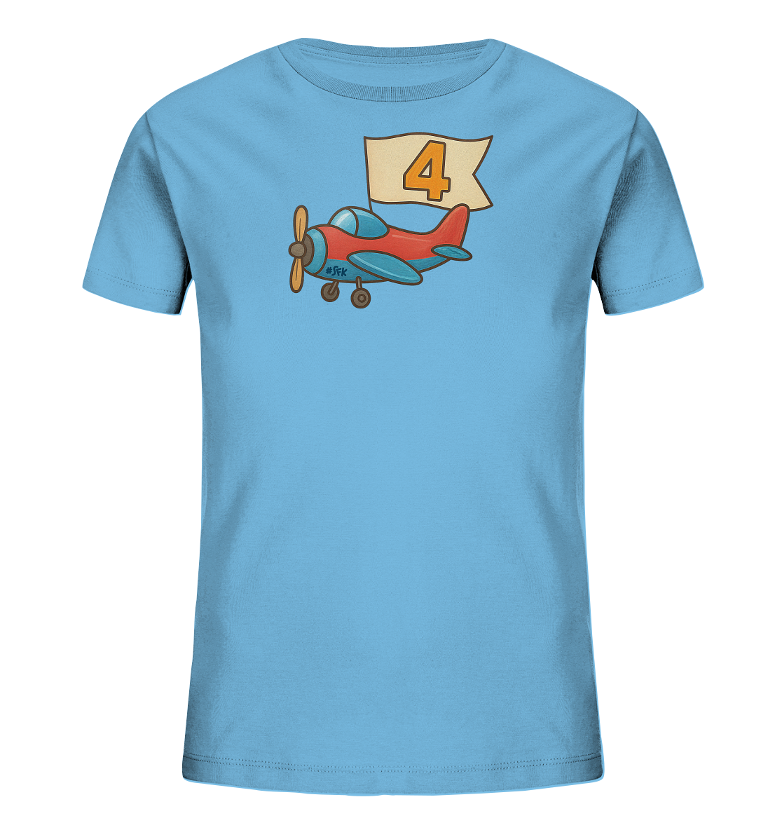 Onlineshop Shirts fuer Kinder - Das Bild zeigt ein hellblaues T-Shirt fuer Kinder. Auf der Vorderseite ist eine Illustration eines roten Flugzeugs mit blauen Akzenten zu sehen. Das Flugzeug zieht ein beiges Banner, auf dem die Zahl '4' abgebildet ist. Dieses Design ist verspielt und farbenfroh.