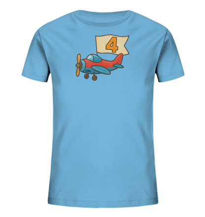 Kinder T-Shirt mit rotem und blauem Flugzeug, Banner und Zahl 4