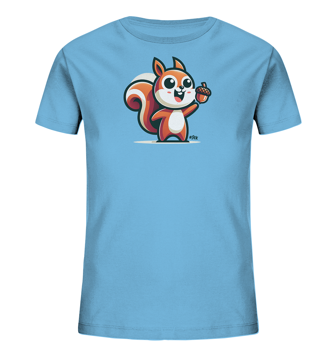 Onlineshop Shirts fuer Kinder - Das Bild zeigt ein hellblaues T-Shirt mit einem niedlichen Motiv eines Eichhoernchens. Das Cartoon-Eichhoernchen ist in orange und weiss gehalten und haelt eine Eichel in seiner Pfote. Es steht froehlich da und winkt, was dem Shirt einen verspielten Look verleiht.