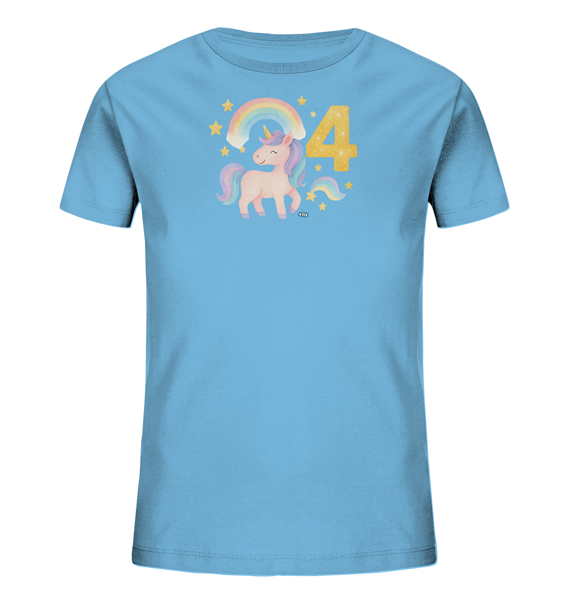 Onlineshop Shirts fuer Kinder - Das Bild zeigt ein hellblaues Kinder-T-Shirt mit einem niedlichen Einhorn. Das Einhorn hat eine bunte Regenbogenmaehne und steht unter einem kleinen Regenbogen. Daneben ist die gold glitzernde Zahl 4 zu sehen, umgeben von Sternen und geschwungenen Linien. Dieses froehliche Design ist ideal fuer einen besonderen Anlass.