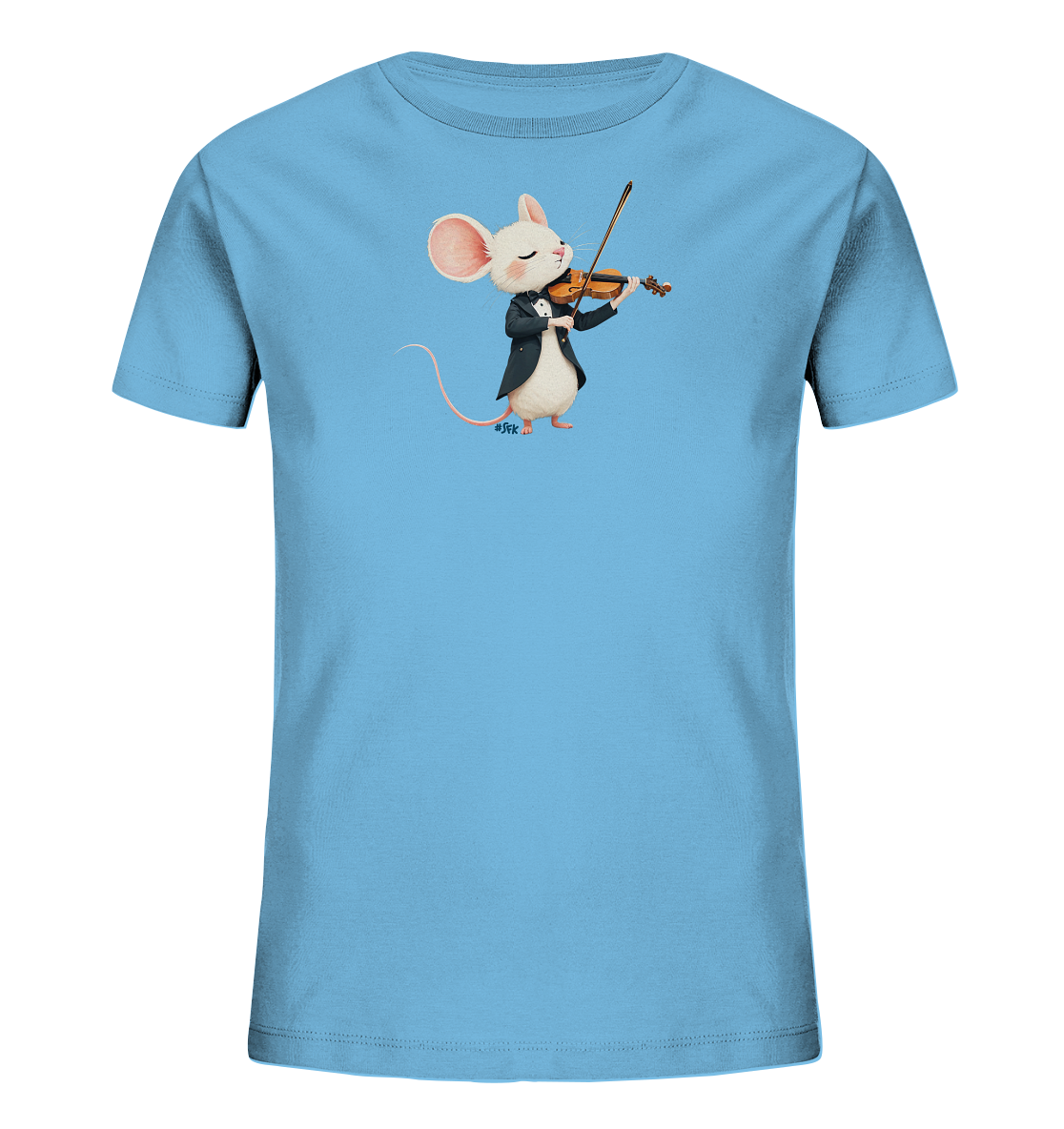 Onlineshop Shirts fuer Kinder - Das Bild zeigt ein hellblaues Kinder-T-Shirt mit einem aufgedruckten Motiv. Darauf ist eine weisse Maus in einem schwarzen Frack zu sehen, die konzentriert eine Violine spielt. Die Maus hat grosse rosafarbene Ohren und einen langen Schwanz. Das verspielte Design verleiht dem Shirt einen charmanten musikalischen Charakter.