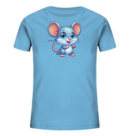 Onlineshop Shirts fuer Kinder - Das Bild zeigt ein hellblaues Kinder-T-Shirt mit einem niedlichen Comic-Motiv auf der Vorderseite. Dargestellt ist eine kleine, graue Maus mit grossen Ohren und blauen Augen. Die Maus hat einen freundlichen Ausdruck und steht aufrecht, was dem Shirt einen verspielten Look verleiht.