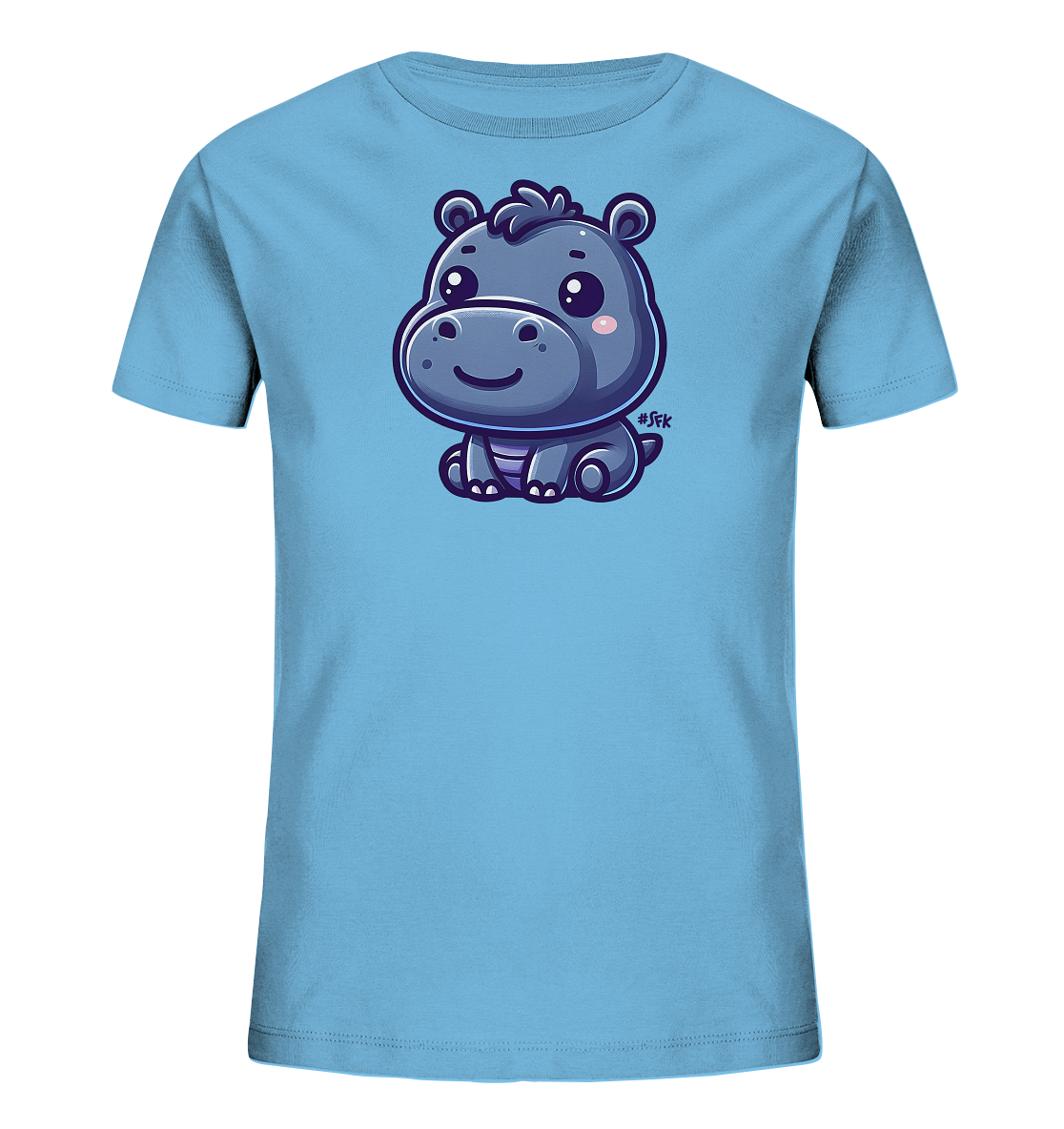 Onlineshop Shirts fuer Kinder - Das Bild zeigt ein hellblaues Kinder-T-Shirt. Auf der Vorderseite ist ein niedliches, sitzendes Baby-Nilpferd im Cartoon-Stil abgebildet. Das Nilpferd hat grosse Augen, rosa Wangen und ein freundliches Laecheln. Das Design ist detailreich mit Schatten und Highlights gestaltet und wirkt sehr ansprechend.