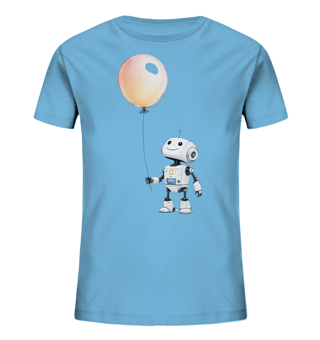 Onlineshop Shirts für Kinder - Das Bild zeigt ein hellblaues T-Shirt für Kinder mit einem aufgedruckten Motiv auf der Vorderseite. Im Zentrum des Designs steht ein freundlich lächelnder, weißer Cartoon-Roboter. Der Roboter hält an einer Schnur einen großen, runden Ballon in einem sanften Orange-Pink-Ton. Das Motiv ist kindgerecht und verleiht dem T-Shirt eine verspielte Ausstrahlung.