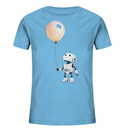 Onlineshop Shirts für Kinder - Das Bild zeigt ein hellblaues T-Shirt für Kinder mit einem aufgedruckten Motiv auf der Vorderseite. Im Zentrum des Designs steht ein freundlich lächelnder, weißer Cartoon-Roboter. Der Roboter hält an einer Schnur einen großen, runden Ballon in einem sanften Orange-Pink-Ton. Das Motiv ist kindgerecht und verleiht dem T-Shirt eine verspielte Ausstrahlung.