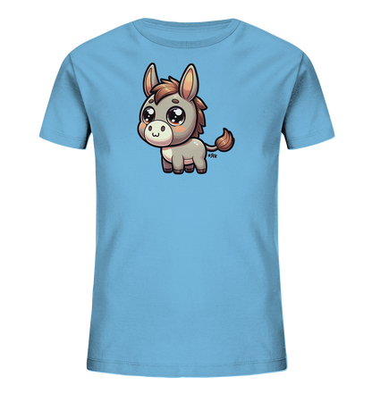 Onlineshop Shirts fuer Kinder - Das Bild zeigt ein hellblaues Kinder-T-Shirt mit einem niedlichen Comic-Esel-Motiv auf der Vorderseite. Der kleine Esel ist grau mit brauner Maehne und hat grosse, glaenzende Augen sowie einen freundlichen Ausdruck. Er steht in der Mitte des Shirts. Das Design wirkt sehr kindgerecht und ansprechend.