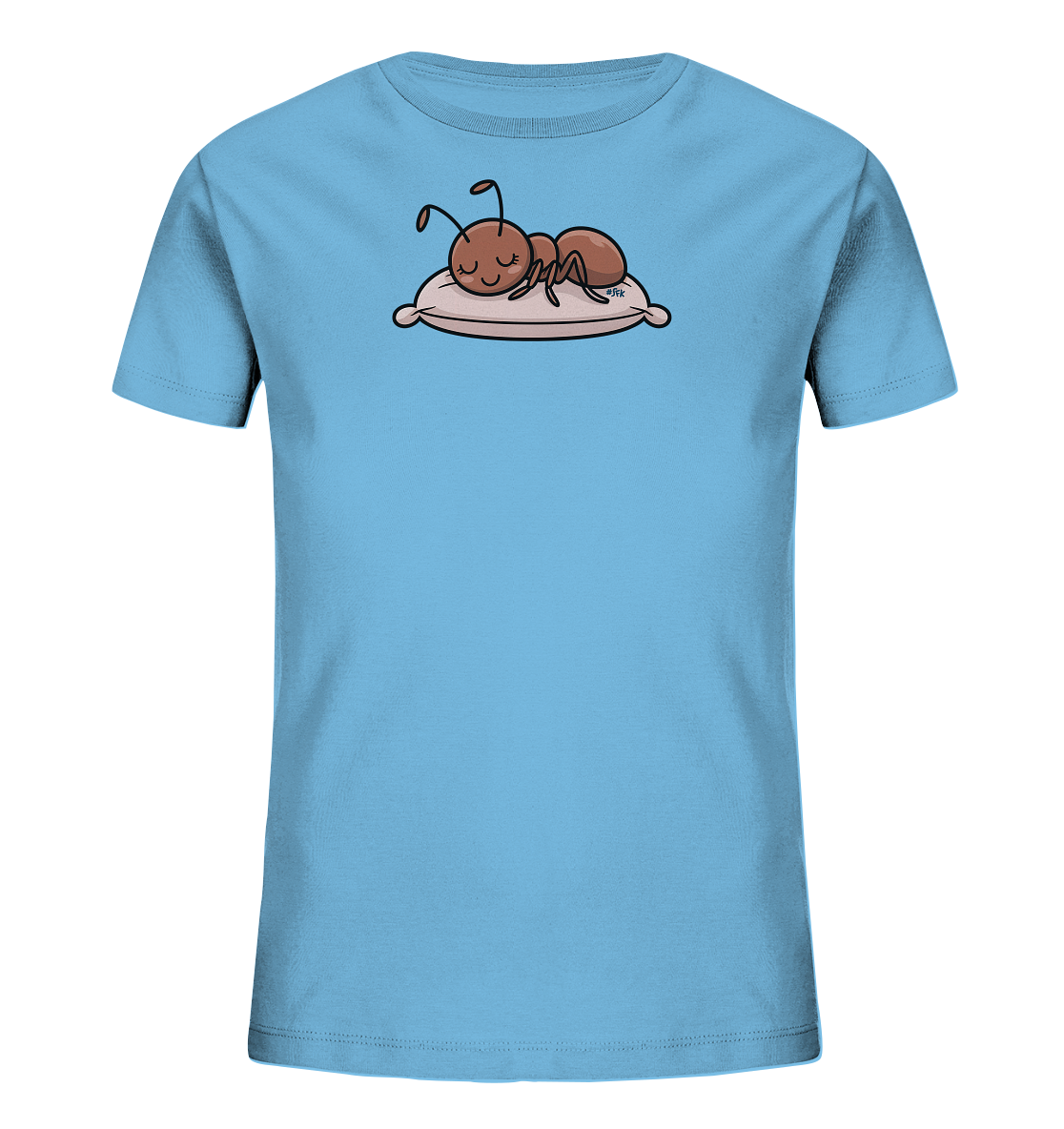 Onlineshop Shirts fuer Kinder - Das Bild zeigt ein hellblaues Kinder-T-Shirt. Auf der Vorderseite ist eine braune, cartoonhafte Ameise abgebildet, die friedlich auf einem rosa Kissen schlaeft. Die Ameise hat geschlossene Augen und ein sanftes Laecheln, was dem Motiv einen beruhigenden Charakter verleiht. Das Design ist schlicht und ansprechend fuer Kinder.