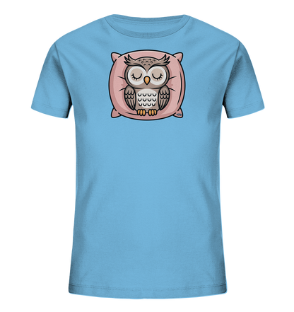 Onlineshop Shirts fuer Kinder - Das hellblaue T-Shirt zeigt eine entzueckende, schlafende Eule, die gemuetlich auf einem rosafarbenen Kissen liegt. Die Eule hat geschlossene Augen und ist in sanften Braun- und Grautoenen dargestellt. Das Gesamtbild strahlt Ruhe und Gemuetlichkeit aus und ist ansprechend fuer Kinder.