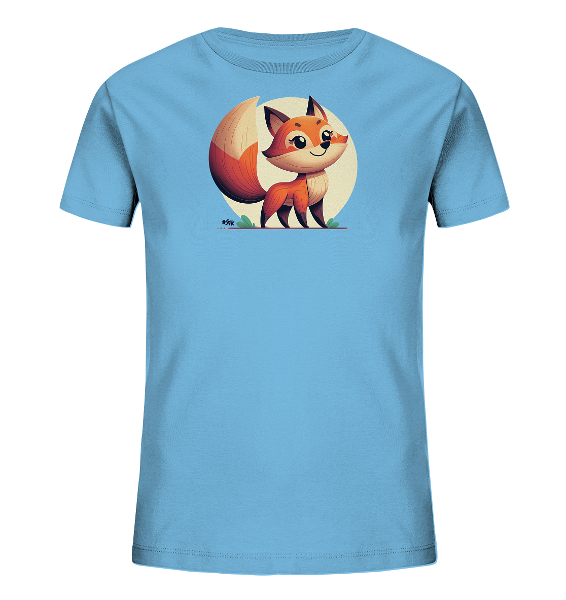 Onlineshop Shirts fuer Kinder - Das Bild zeigt ein hellblaues T-Shirt fuer Kinder mit einer niedlichen Illustration eines Fuchses auf der Vorderseite. Der freundliche Fuchs steht auf gruenem Grund vor einem grossen hellen Kreis und hat einen buschigen Schwanz.
