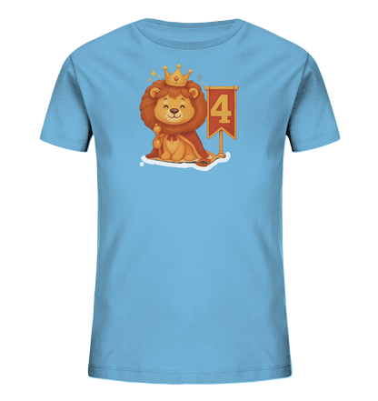 Kinder T-Shirt mit Löwenkönig, Krone, rotem Umhang und Zahl 4