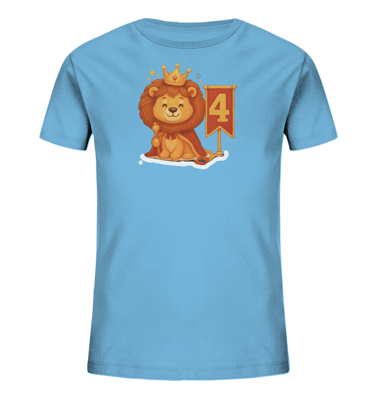 Kinder T-Shirt mit Löwenkönig, Krone, rotem Umhang und Zahl 4