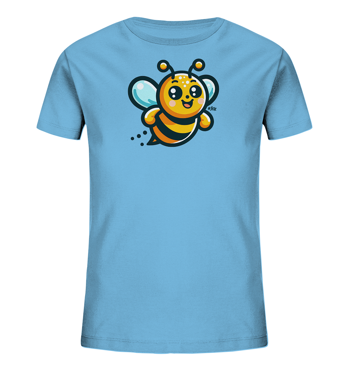 Onlineshop Shirts fuer Kinder - Das Bild zeigt ein hellblaues Kinder T-Shirt. Auf der Vorderseite ist eine niedliche, fliegende Comic-Biene abgebildet. Die Biene hat gelb-schwarze Streifen, grosse Augen, Antennen und transparente Fluegel mit blauen Raendern. Sie ist froehlich dargestellt, mit Bewegungspunkten hinter sich.