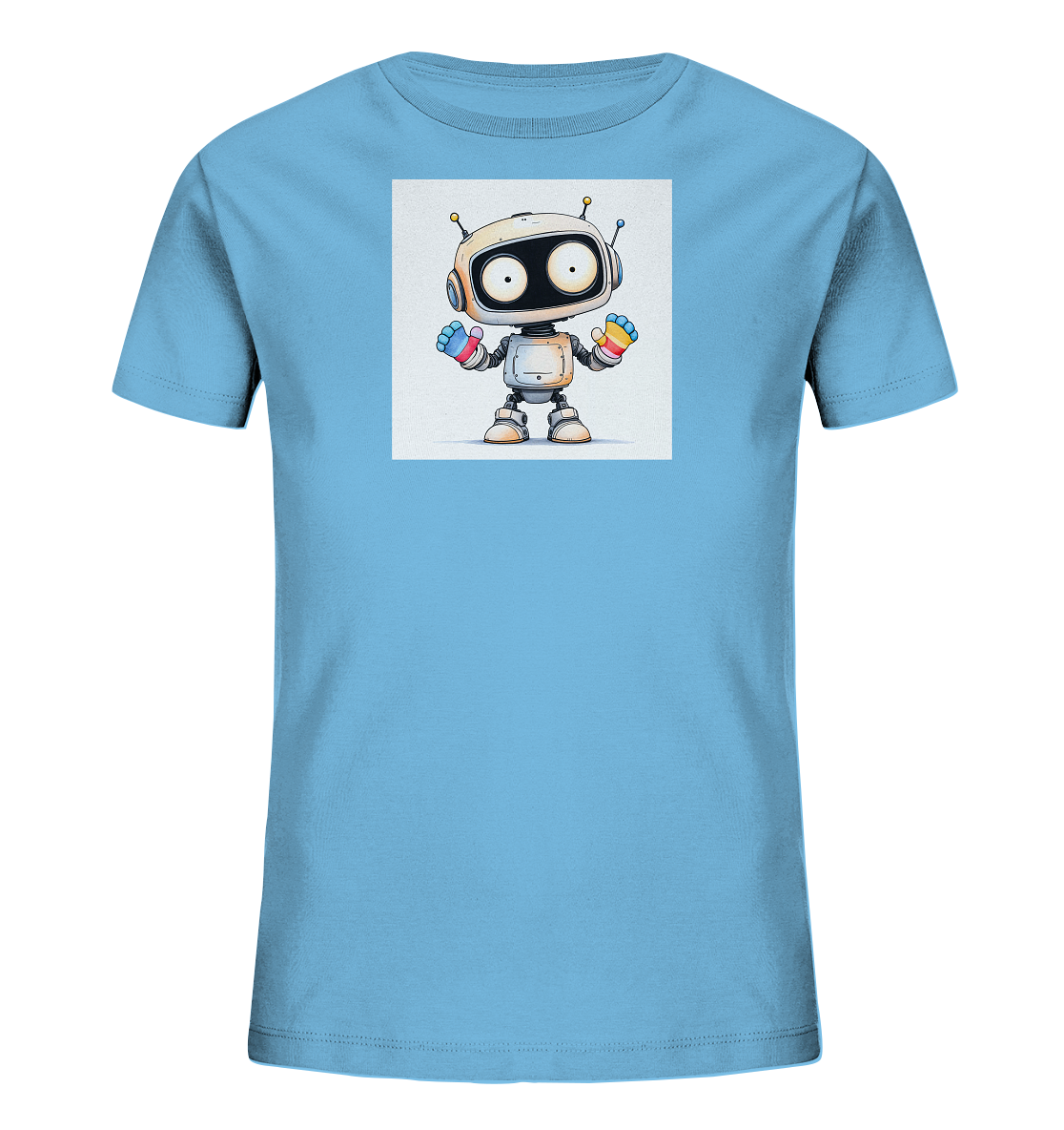 Onlineshop Shirts für Kinder - Das Bild zeigt ein hellblaues Kinder-T-Shirt mit einem quadratischen Aufdruck in der Mitte. Der Aufdruck zeigt einen freundlich wirkenden Cartoon-Roboter in Weiß und Grau mit großen Augen und Antennen. Besonders auffällig sind die farbigen Hände des Roboters, die in verschiedenen leuchtenden Tönen gestaltet sind und einen Hauch von Farbe hinzufügen. Das Design ist schlicht und dennoch ansprechend für Kinder.