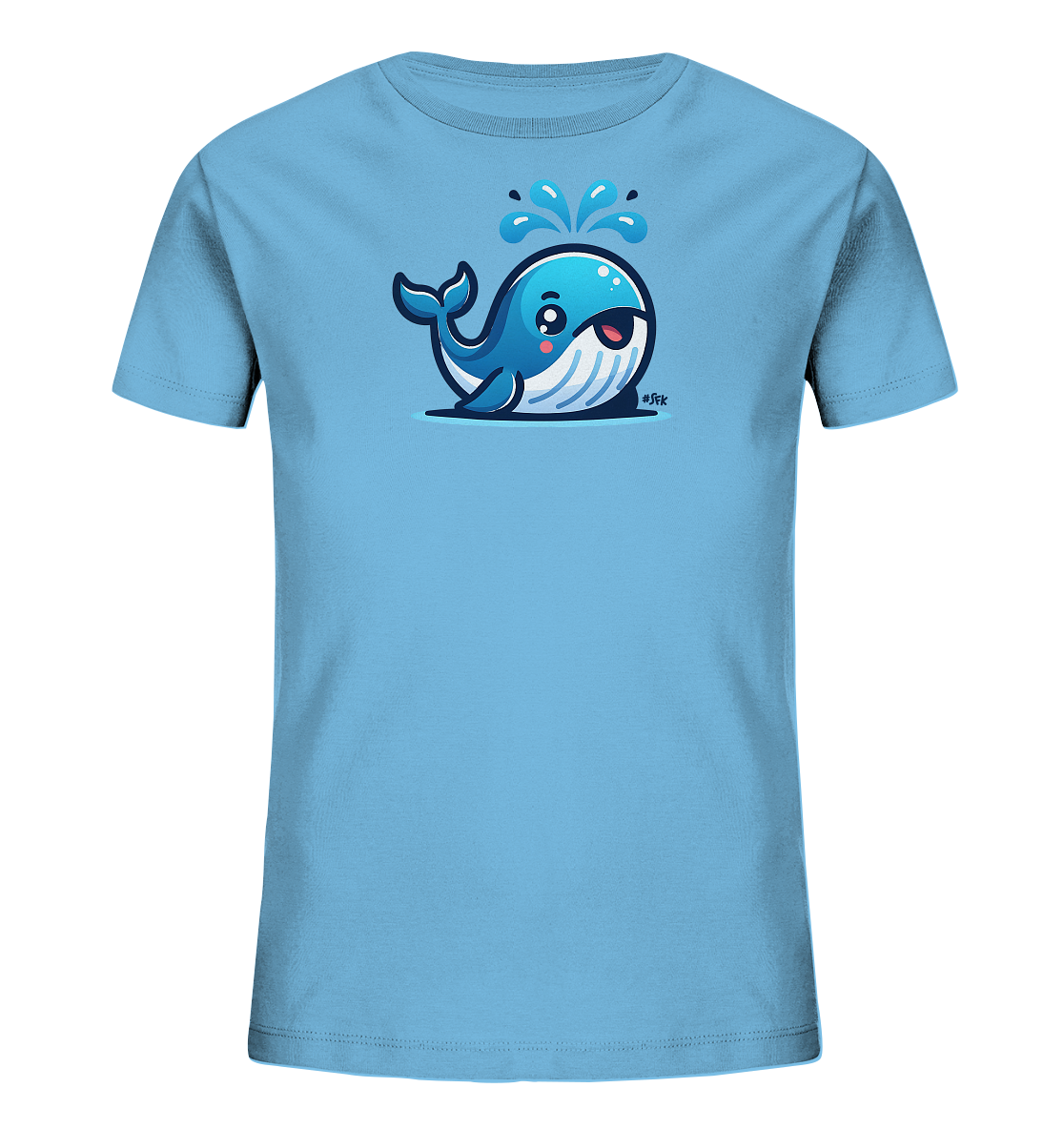 Onlineshop Shirts fuer Kinder - Das Bild zeigt ein hellblaues Kinder-T-Shirt mit einem niedlichen Cartoon-Wal. Der freundliche Wal ist in Blau- und Weisstoenen gestaltet und spritzt Wasser nach oben. Die Illustration verleiht dem Shirt einen froehlichen, maritimen Look.