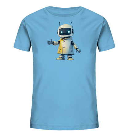 Onlineshop Shirts für Kinder - Das Bild präsentiert ein hellblaues Kinder-T-Shirt, dessen Vorderseite mit einer Grafik eines Roboters bedruckt ist. Der dargestellte Roboter hat einen runden weißen Kopf mit zwei Antennen und metallic-graue Gliedmaßen. Er trägt einen hellgelben Mantel und zeigt ein freundliches Gesicht mit leuchtenden blauen Augen. Die Illustration ist detailliert und das T-Shirt wird vor einem schwarzen Hintergrund gezeigt.