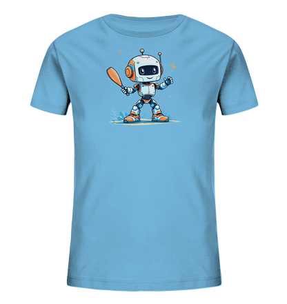 Onlineshop Shirts für Kinder - Das Bild zeigt ein hellblaues Kinder-T-Shirt mit einer Grafik auf der Vorderseite. Diese Grafik stellt einen freundlichen Cartoon-Roboter dar, der einen Baseballschläger hält. Der Roboter ist in den Farben Weiß, Orange und Grau gestaltet und wird von blauen Wasserspritzern und kleinen gelben Sternen umrahmt. Das Design ist zentral auf dem Shirt platziert und wirkt verspielt.