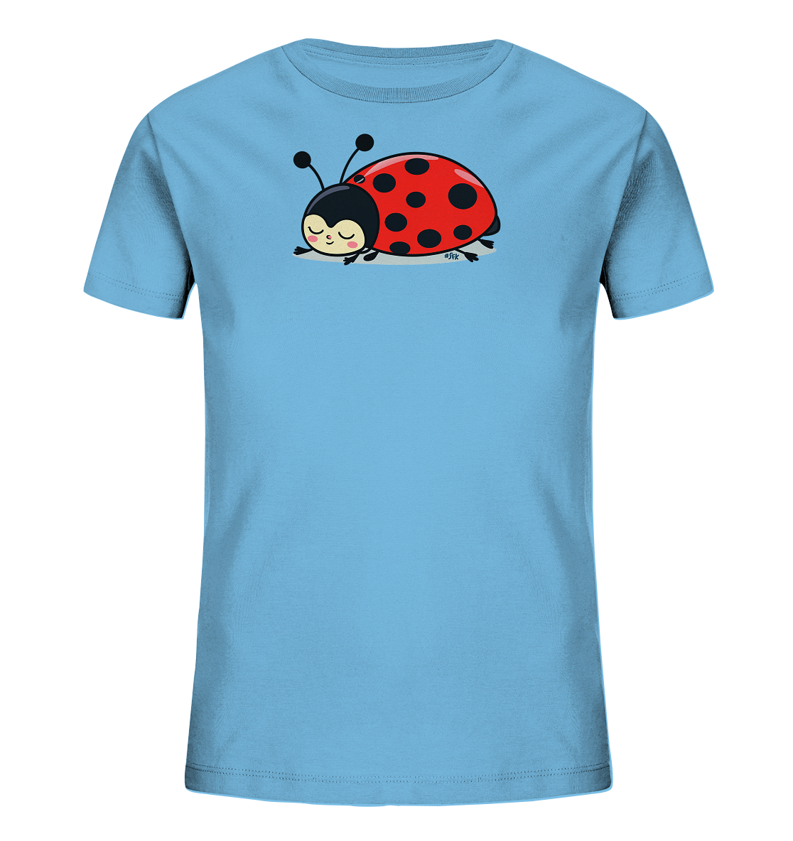 Onlineshop Shirts fuer Kinder - Das Bild zeigt ein hellblaues T-Shirt fuer Kinder. Auf der Vorderseite befindet sich ein grosses, cartoonartiges Marienkaefer-Motiv in Rot und Schwarz. Der Marienkaefer ist liegend dargestellt, mit geschlossenen Augen und einem sanften Ausdruck. Das Design verleiht dem Shirt einen verspielten und friedlichen Charakter.