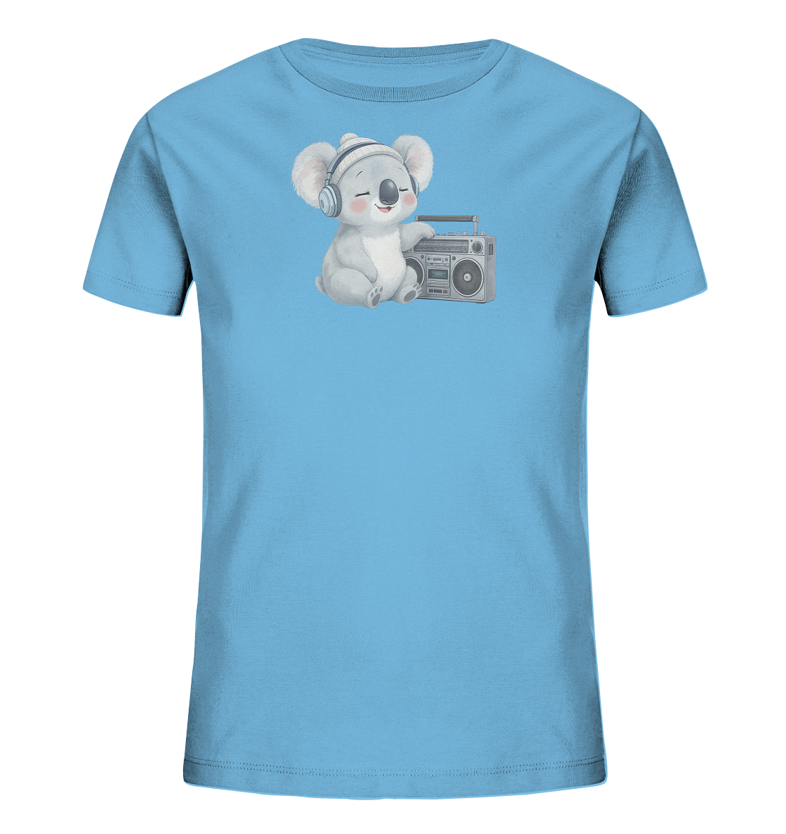 Onlineshop Shirts fuer Kinder - Das Bild zeigt ein hellblaues Kinder-T-Shirt mit einem niedlichen Koala-Motiv auf der Vorderseite. Der abgebildete Koala traegt Kopfhoerer und eine Muetze. Er sitzt laechelnd neben einem Retro-Radio. Das Design verleiht dem Shirt einen verspielten und froehlichen Charakter.