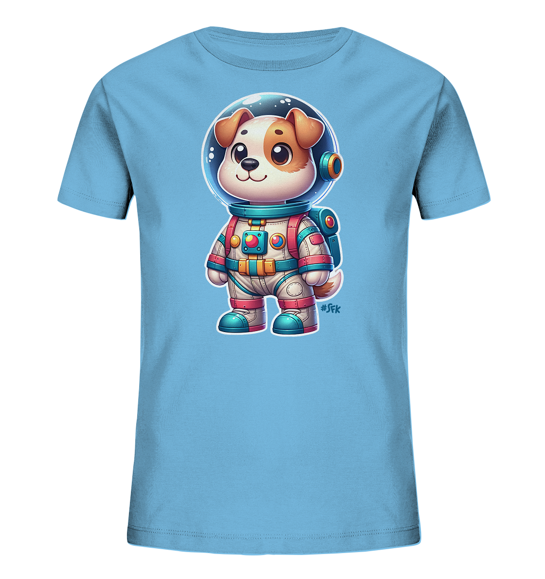 Onlineshop Shirts fuer Kinder - Dieses hellblaue Kinder-T-Shirt zeigt eine niedliche Zeichentrick-Illustration eines Hundes im Astronautenanzug. Der Hund traegt einen weissen Anzug mit blauen, roten und goldenen Akzenten sowie einen transparenten Helm. Er steht aufrecht und blickt mit grossen Augen freundlich nach vorne. Das Design ist detailreich und verleiht dem Shirt einen verspielten Weltraum-Look.