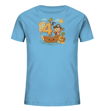 Onlineshop Shirts fuer Kinder - Das Bild zeigt ein hellblaues Kinder-T-Shirt mit einem farbenfrohen Piratenmotiv auf der Vorderseite. Im Zentrum der Illustration steht die grosse Zahl '4', begleitet von einem niedlichen Kind in Piratenkleidung und einem Papagei. Details wie ein Boot, eine Schatzkarte, eine Flaschenpost und eine Schatzinsel mit Palme ergaenzen die Szene.