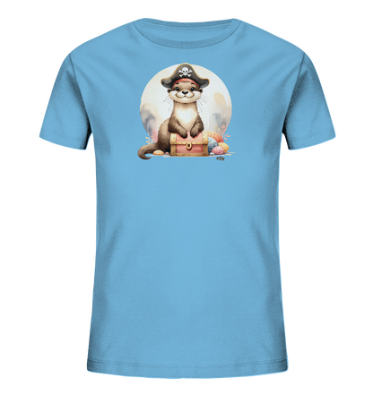 Onlineshop Shirts fuer Kinder - Das Bild zeigt ein hellblaues Kinder T-Shirt mit einem suessen Otter in einem Piratenhut. Der Otter sitzt auf einer Schatztruhe, umgeben von bunten Eiern. Ein heller Kreis bildet den Hintergrund fuer das Motiv. Das Design hat ein verspieltes Piraten-Thema.