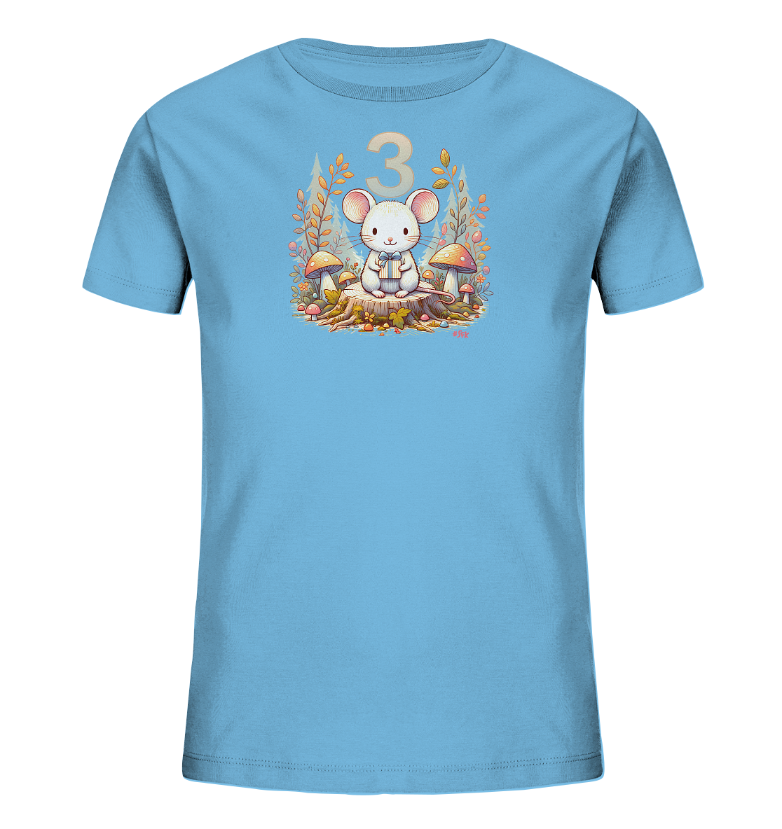 Onlineshop Shirts fuer Kinder - Das hellblaue T-Shirt zeigt eine niedliche Maus mit einem Geschenk, die auf einem Baumstumpf sitzt. Die Szene ist von Pilzen, Blaettern und Ästen im Herbststil umrahmt. Über dem Motiv ist die grosse Zahl '3' platziert. Das Design hat einen verspielten Charakter und ist ideal fuer Kinder.