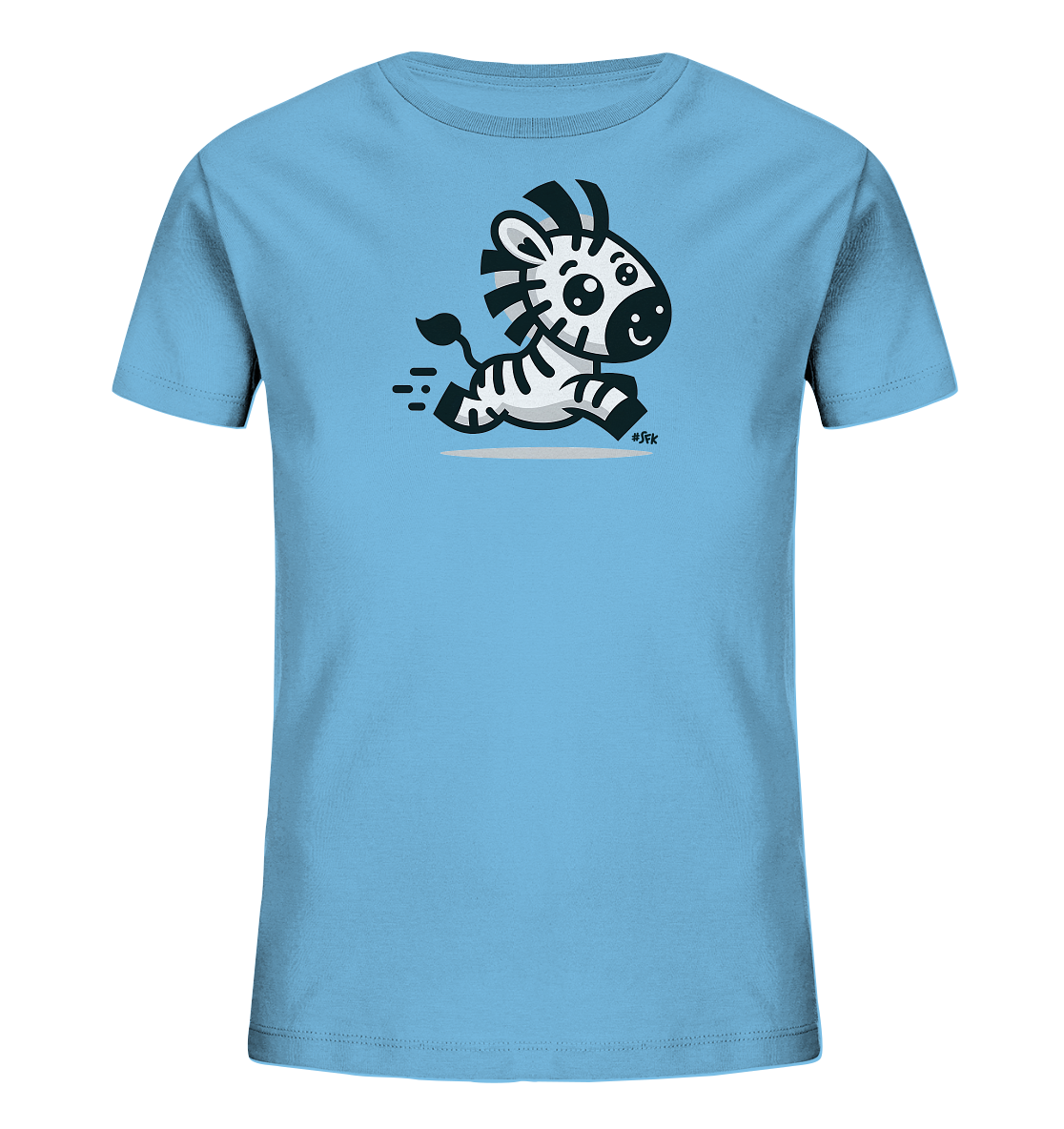 Onlineshop Shirts fuer Kinder - Das Bild zeigt ein hellblaues T-Shirt mit einer niedlichen Cartoon-Grafik eines Zebras auf der Vorderseite. Das Zebra rennt froehlich, mit angedeuteter Geschwindigkeit und einem freundlichen Gesichtsausdruck. Das Design ist schwarz-weiss mit grauen Akzenten, was dem Shirt einen verspielten Look verleiht.