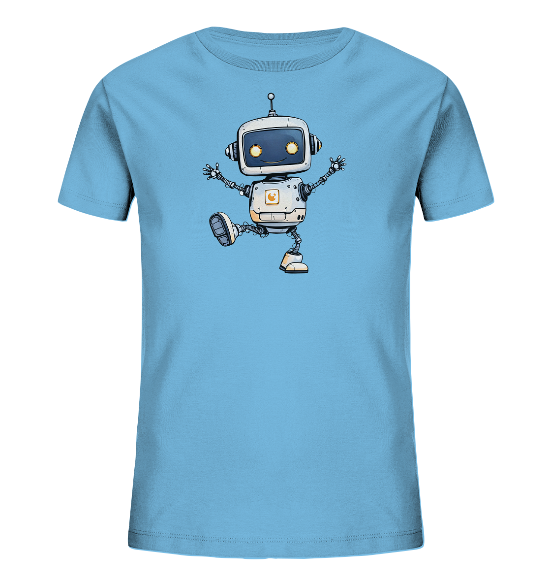 Onlineshop Shirts für Kinder - Das Bild präsentiert ein hellblaues Kinder-T-Shirt mit einer zentralen Illustration eines freundlichen Roboters. Der Roboter ist weiß mit grauen Gliedmaßen und hat gelbe Augen, die ihm ein warmes Aussehen verleihen. Er wird in einer dynamischen Pose dargestellt, die an Tanzen oder Balancieren erinnert, mit ausgestreckten Armen und einem angehobenen Bein. Dieses Motiv verleiht dem Shirt einen verspielten und fröhlichen Charakter.