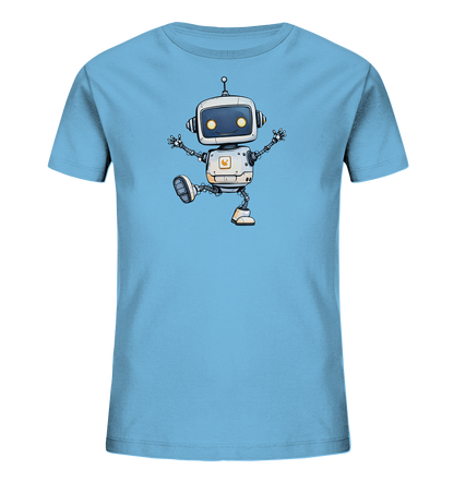 Onlineshop Shirts für Kinder - Das Bild präsentiert ein hellblaues Kinder-T-Shirt mit einer zentralen Illustration eines freundlichen Roboters. Der Roboter ist weiß mit grauen Gliedmaßen und hat gelbe Augen, die ihm ein warmes Aussehen verleihen. Er wird in einer dynamischen Pose dargestellt, die an Tanzen oder Balancieren erinnert, mit ausgestreckten Armen und einem angehobenen Bein. Dieses Motiv verleiht dem Shirt einen verspielten und fröhlichen Charakter.