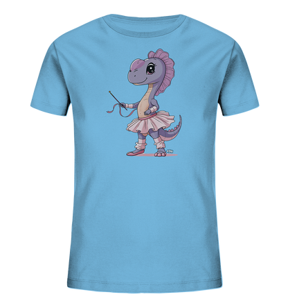 Onlineshop Shirts fuer Kinder - Das Bild zeigt ein hellblaues T-Shirt fuer Kinder mit einer Illustration eines lila Dinosauriers. Der Dinosaurier ist als Ballerina gekleidet, mit pinkem Tutu, Stulpen und Ballettschuhen. Er haelt einen Zauberstab mit flatternden Baendern in der Hand. Dieses verspielte Motiv thematisiert Ballett und Fantasie.