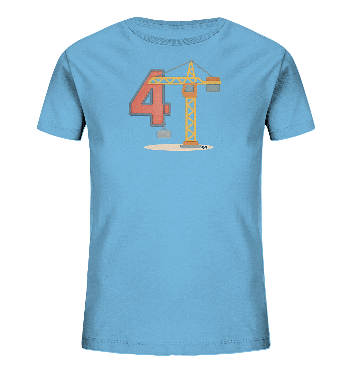 Onlineshop Shirts fuer Kinder - Das hellblaue T-Shirt fuer Kinder zeigt auf der Vorderseite eine auffaellige Grafik. Sie besteht aus einer grossen roten Zahl Vier mit grauem Rand. Daneben ist ein gelb-orangefarbener Baukran abgebildet, der einen grauen Block anhebt. Das gesamte Motiv steht auf einer kleinen ovalen Flaeche.