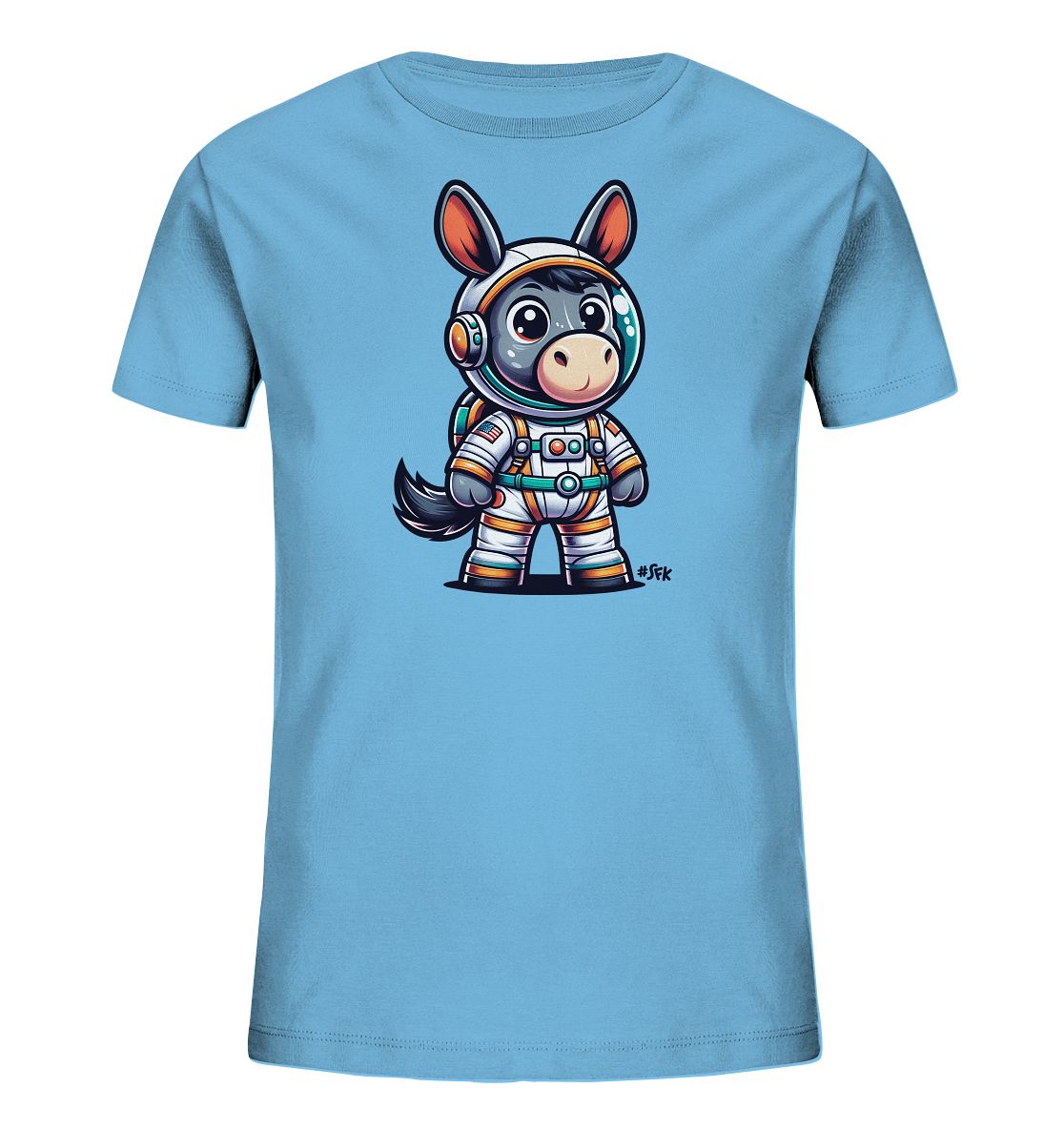 Onlineshop Shirts fuer Kinder - Das Bild zeigt ein hellblaues Kinder-T-Shirt mit einer detaillierten Grafik. Auf der Vorderseite ist ein cartoonhafter Esel in einem weissen Astronautenanzug mit Helm abgebildet. Der Esel hat grosse Augen und einen freundlichen Gesichtsausdruck. Der Astronautenanzug ist mit orangen und grauen Akzenten versehen.