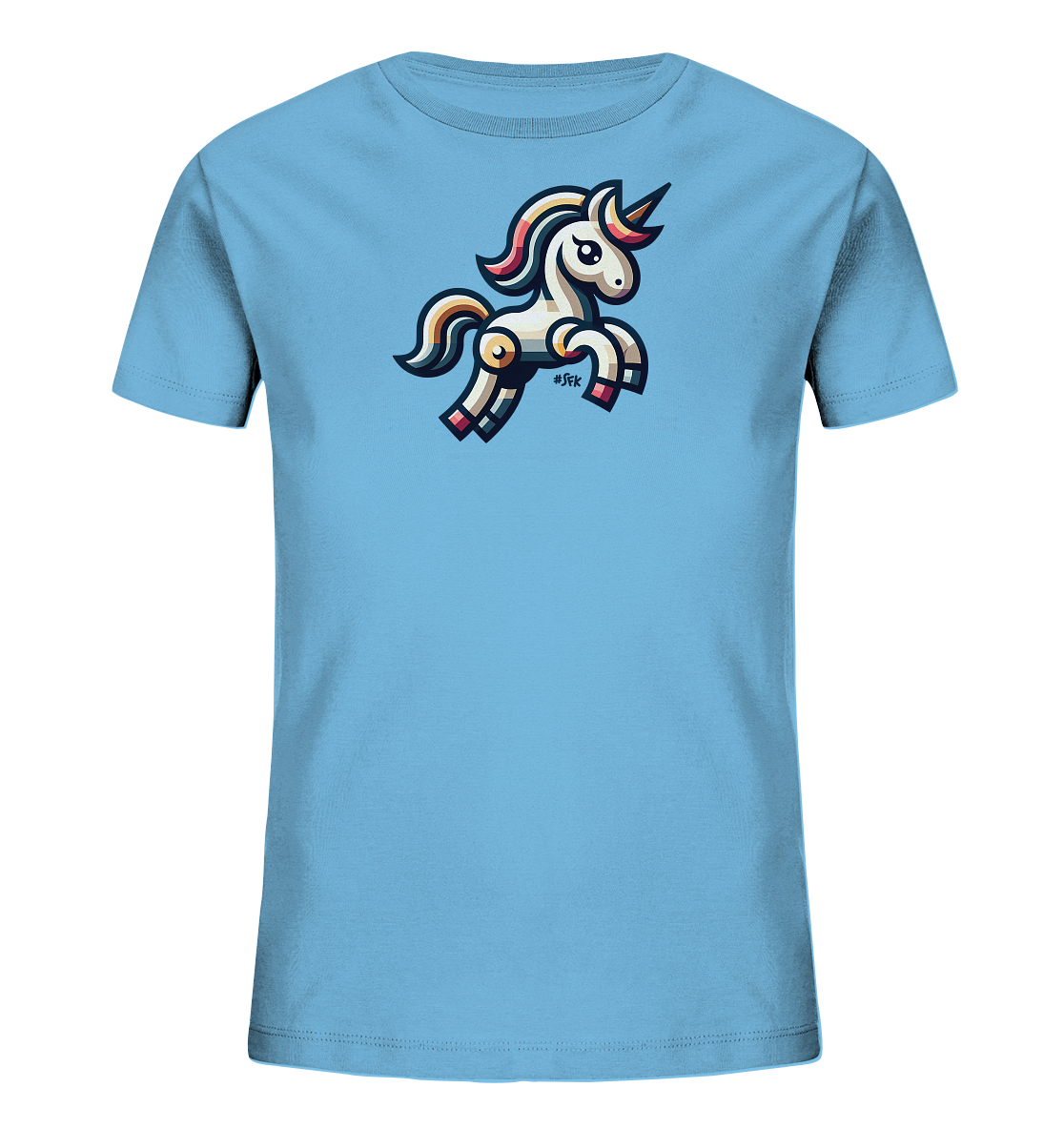 Onlineshop Shirts fuer Kinder - Das Bild zeigt ein hellblaues T-Shirt fuer Kinder. Auf der Vorderseite ist eine Grafik eines kleinen, springenden Einhorns abgebildet. Das Einhorn hat eine bunte Maehne und Schweif in Rosa-, Gelb- und Brauntoenen sowie einen weissen Koerper mit farbigen Akzenten. Das Design wirkt freundlich und verspielt auf dem Shirt.