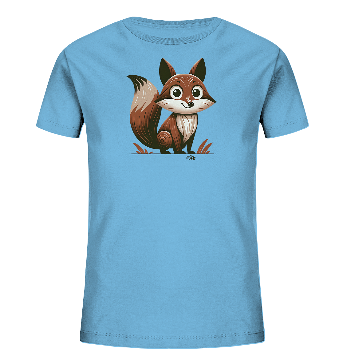 Onlineshop Shirts fuer Kinder - Das Bild zeigt ein hellblaues Kinder-T-Shirt. Auf der Vorderseite ist eine niedliche, cartoonhafte Illustration eines Eichhoernchens abgebildet. Das Eichhoernchen ist braun-beige, sitzt und laechelt freundlich, umgeben von stilisierten Grashalmen.