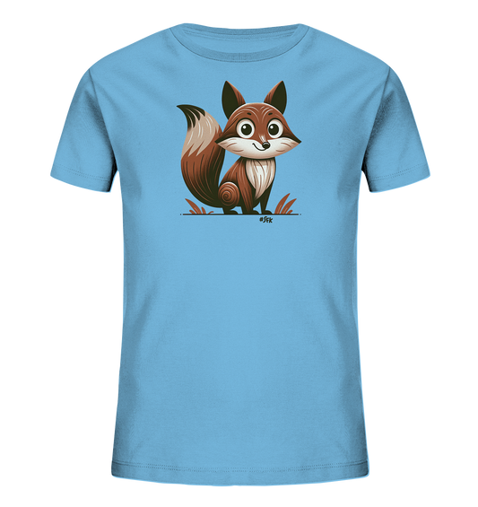 Onlineshop Shirts fuer Kinder - Das Bild zeigt ein hellblaues Kinder-T-Shirt. Auf der Vorderseite ist eine niedliche, cartoonhafte Illustration eines Eichhoernchens abgebildet. Das Eichhoernchen ist braun-beige, sitzt und laechelt freundlich, umgeben von stilisierten Grashalmen.