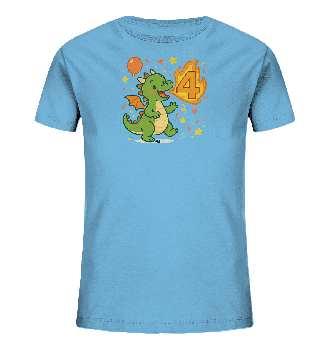 Onlineshop Shirts fuer Kinder - Das Bild zeigt ein hellblaues Kinder-T-Shirt mit einem froehlichen Motiv eines gruenen Drachens. Der Drache laeuft und spuckt Feuer, das die Zahl '4' darstellt. Um das Motiv herum fliegen ein orangefarbener Ballon sowie Streusel und Sterne in verschiedenen Farben. Das gesamte Design ist verspielt und farbenfroh gestaltet.
