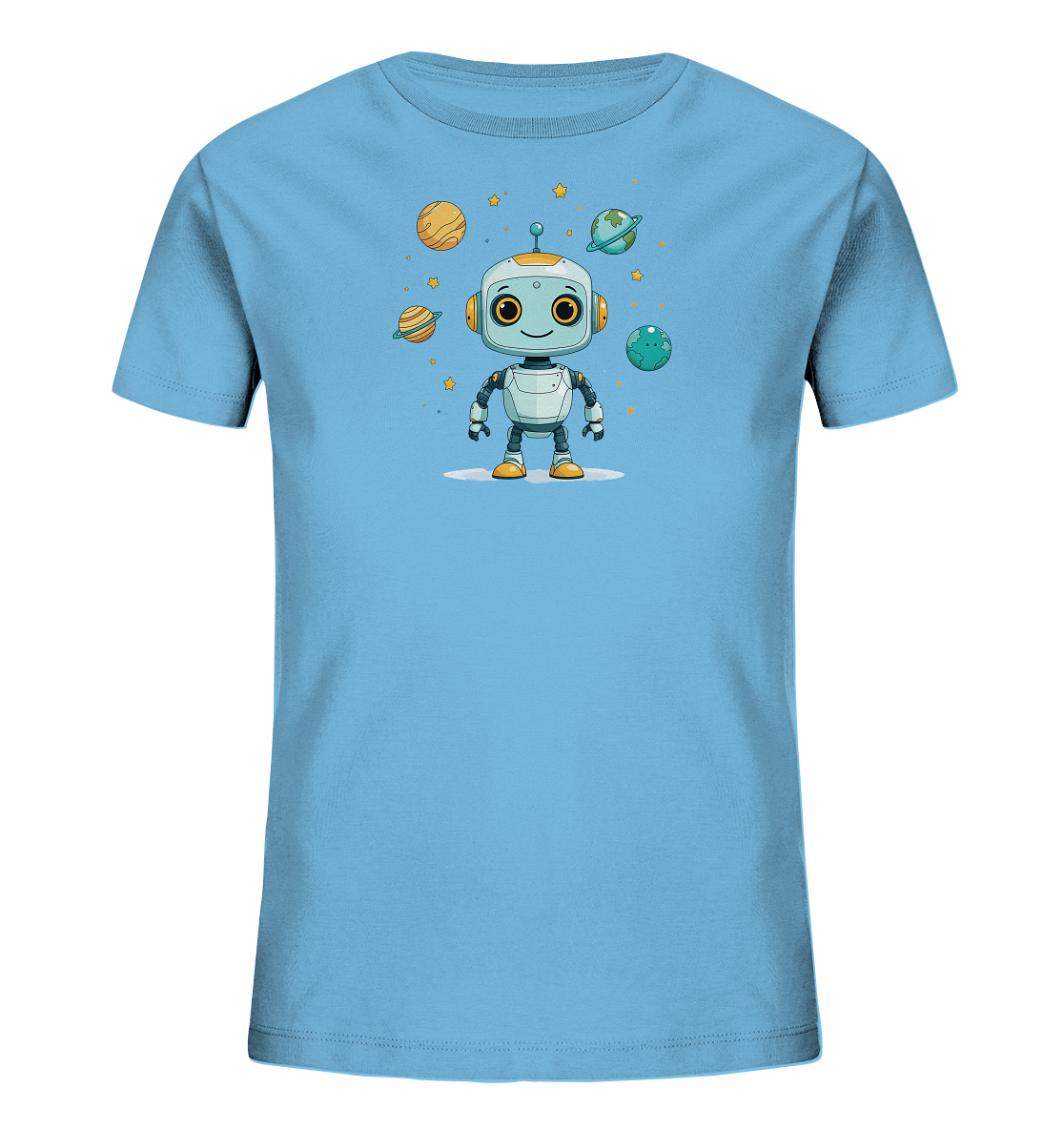 Onlineshop Shirts für Kinder - Das Bild zeigt ein hellblaues Kinder-T-Shirt mit einem verspielten Weltraum-Motiv auf der Vorderseite. Ein freundlich aussehender Roboter mit großen Augen steht im Zentrum des Designs. Um ihn herum schweben bunte Planeten und kleine gelbe Sterne, die eine galaktische Szene darstellen. Das Motiv ist im Cartoon-Stil gehalten und verleiht dem Shirt einen fantasievollen und ansprechenden Look für Kinder.