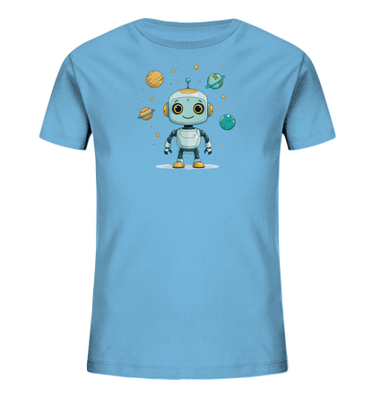 Onlineshop Shirts für Kinder - Das Bild zeigt ein hellblaues Kinder-T-Shirt mit einem verspielten Weltraum-Motiv auf der Vorderseite. Ein freundlich aussehender Roboter mit großen Augen steht im Zentrum des Designs. Um ihn herum schweben bunte Planeten und kleine gelbe Sterne, die eine galaktische Szene darstellen. Das Motiv ist im Cartoon-Stil gehalten und verleiht dem Shirt einen fantasievollen und ansprechenden Look für Kinder.