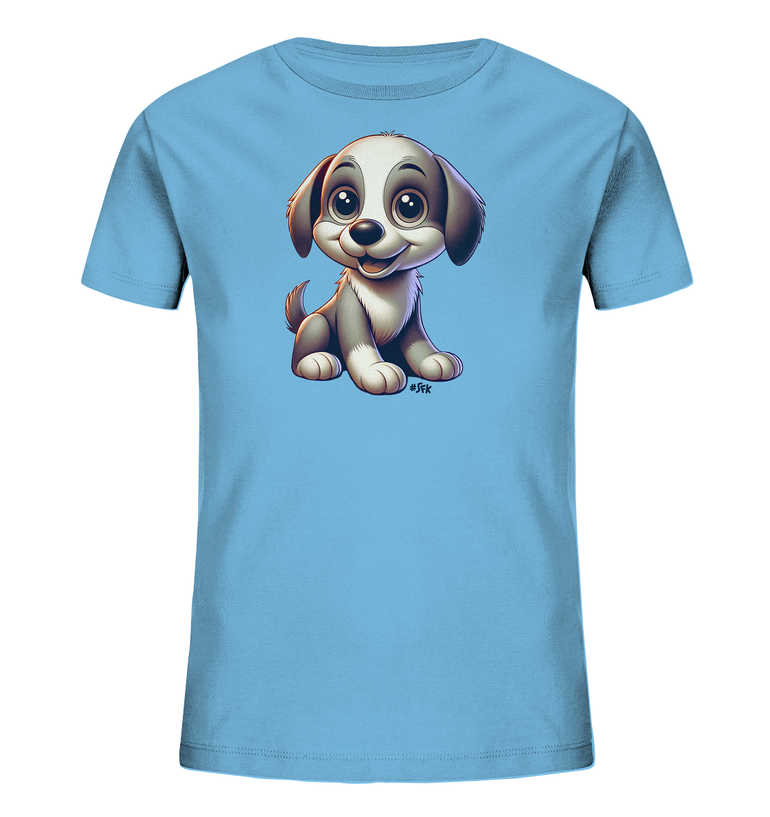 Onlineshop Shirts fuer Kinder - Dieses hellblaue Kinder T-Shirt zeigt eine entzueckende Illustration eines Welpen. Der kleine Hund sitzt aufrecht, hat ein freundliches Laecheln und grosse, ausdrucksstarke Augen. Seine Fellzeichnung ist grau und weiss. Das Design ist neutral und ansprechend fuer Kinder.