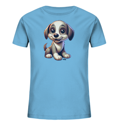 Onlineshop Shirts fuer Kinder - Dieses hellblaue Kinder T-Shirt zeigt eine entzueckende Illustration eines Welpen. Der kleine Hund sitzt aufrecht, hat ein freundliches Laecheln und grosse, ausdrucksstarke Augen. Seine Fellzeichnung ist grau und weiss. Das Design ist neutral und ansprechend fuer Kinder.