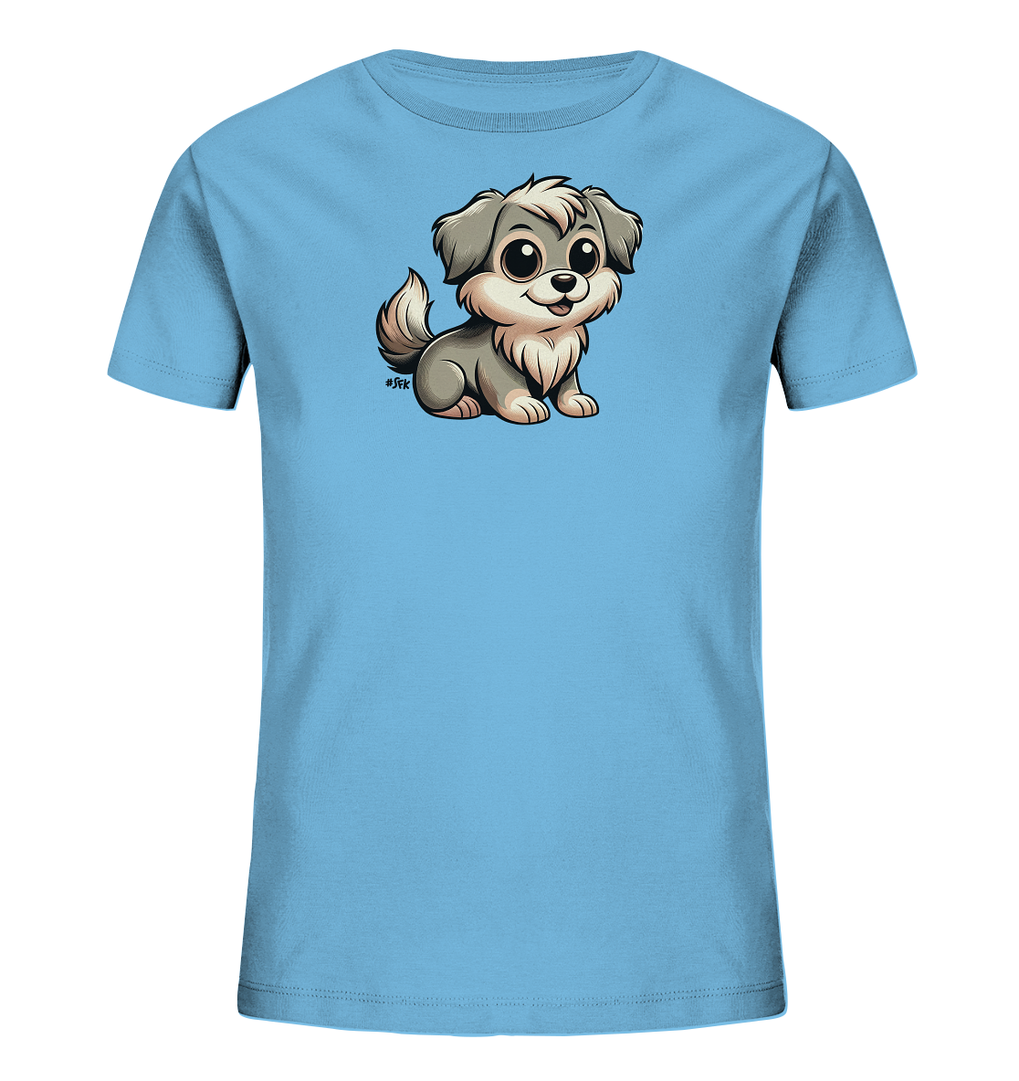 Onlineshop Shirts fuer Kinder - Das Bild zeigt ein hellblaues T-Shirt fuer Kinder. Auf der Vorderseite befindet sich eine niedliche Cartoon-Darstellung eines sitzenden Hundes. Der Hund hat graues Fell, helle Akzente und grosse Augen. Er schaut freundlich nach vorne und hat einen leicht geoeffneten Mund.